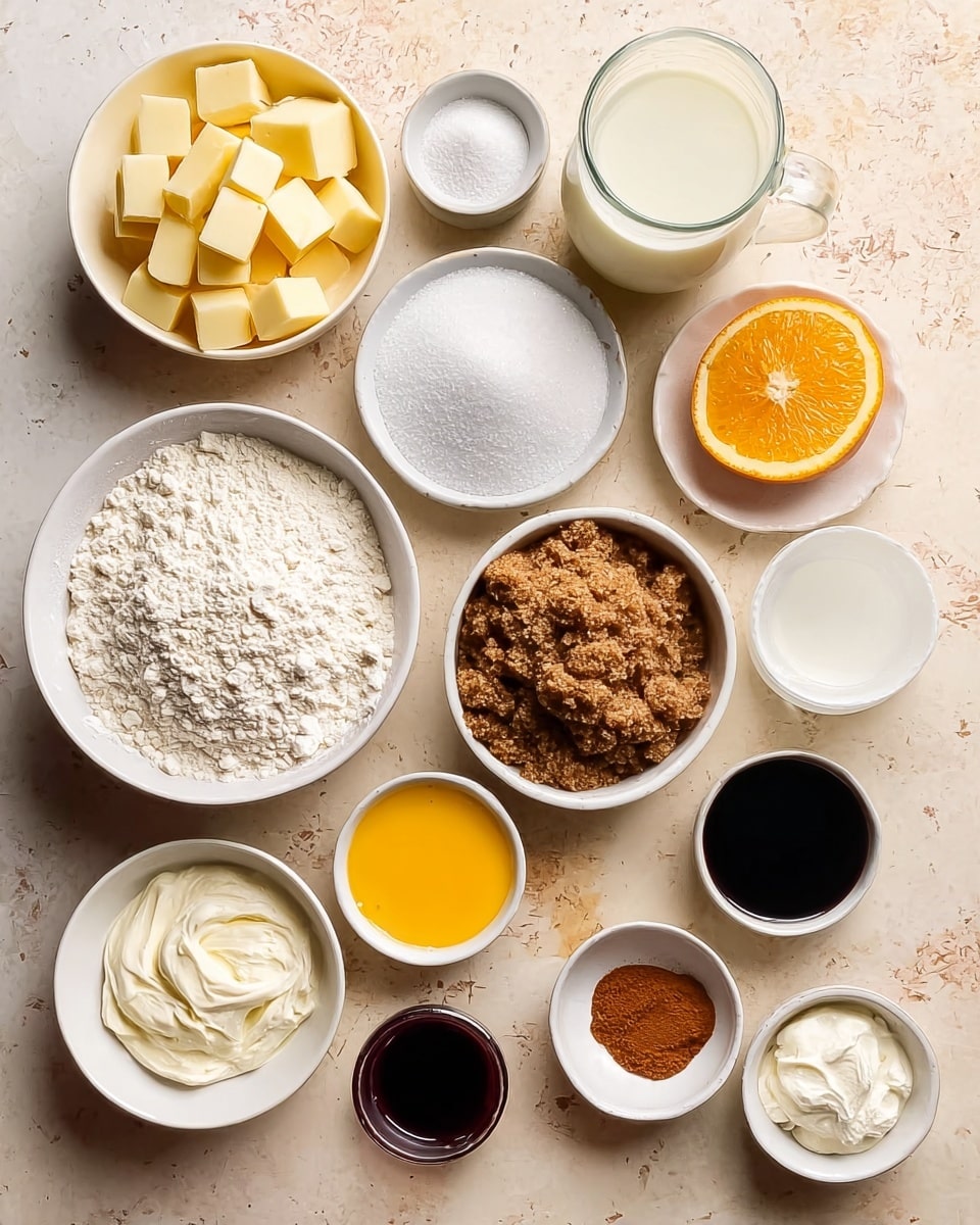 A top-down view shows eleven white bowls and one clear glass jug arranged neatly on a white marbled surface, each filled with different cooking ingredients. Starting from the top left, a bowl holds diced pale yellow butter cubes, next to it, a small bowl with white granulated sugar sits below a similar bowl with salt. Below these, there is a clear glass jug filled with white milk and to its right, a bowl with melted yellow butter. Next to that, a bowl holds shiny black molasses or syrup. Continuing down, a bowl of brown sugar sits centrally, textured and crumbly. To its left, a large bowl of white flour occupies the corner. At the bottom left, powdered sugar in a white bowl is visible. Toward the bottom center, a bowl with white cream cheese or thick white cream rests near smaller bowls of ground spices in shades of brown and orange arranged on the right. A half orange and a small dark liquid portion in a tiny bowl add a splash of bright and dark color to the composition. Photo taken with an iphone --ar 4:5 --v 7