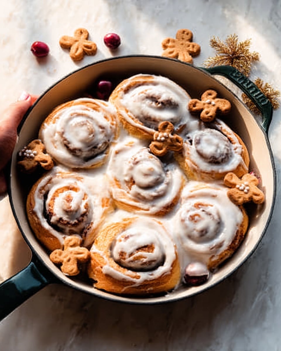 A white round pan filled with seven cinnamon rolls covered in smooth white glaze. The rolls are golden brown with swirls of cinnamon visible inside each one. Scattered on and around the rolls are small brown gingerbread-shaped cookies and a few round red berries. A woman's hand is holding the pan from the side, showing a bit of light skin. The background is a white marbled surface with soft natural light highlighting the textures of the rolls and glaze. Photo taken with an iphone --ar 4:5 --v 7