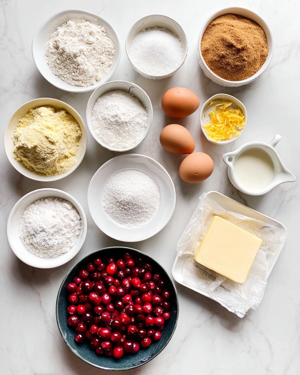 The image shows various baking ingredients arranged neatly on a white marbled surface. In the center is a dark bowl filled with bright red cranberries. Surrounding it are small white bowls holding white granulated sugar, baking powder with salt, lemon and orange zest, and flour. There is a white bowl with brown sugar, another bowl with yellow powdered ingredients, and a measuring cup with milk. Two brown eggs are placed in a white square bowl next to a stick of unsalted butter in paper wrapping. The overall layout is clean and organized with a light, fresh feel. photo taken with an iphone --ar 4:5 --v 7