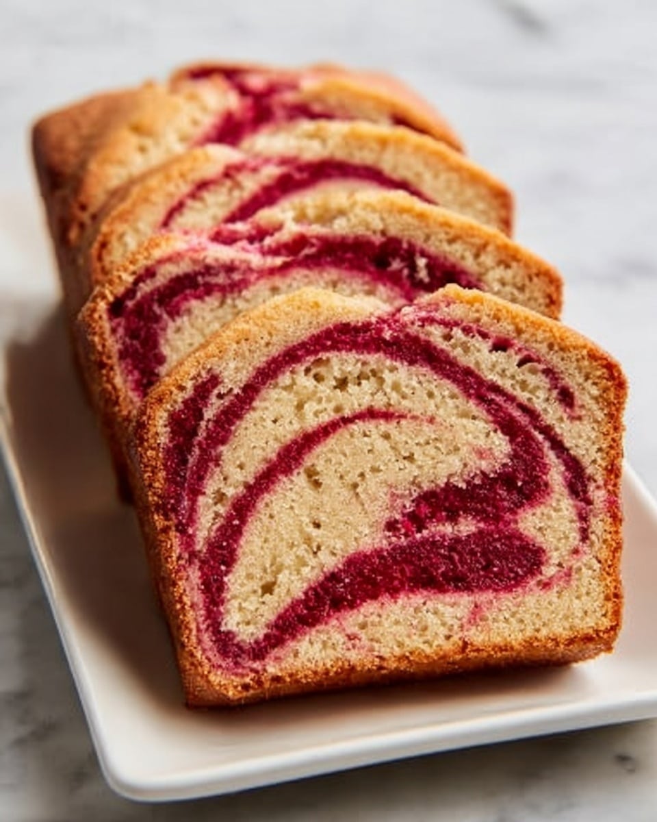 The image shows a loaf of cake with five slices cut and stacked close together on a white rectangular plate. The cake has two main layers: a light brown, soft-looking base with a slightly crumbly texture, and a deep red swirl running throughout each slice, creating a marbled effect. The red swirl looks smooth and shiny, contrasting with the drier texture of the cake. The plate rests on a white marbled surface, making the colors of the cake stand out. Photo taken with an iphone --ar 4:5 --v 7