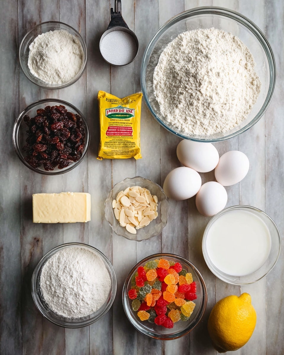 The image shows a flat lay of baking ingredients placed on a white marbled surface. There is a large clear glass bowl filled with white flour at the top right, below it three white eggs lie close together. Below the eggs is a small metal measuring cup with almond slices. To its left, a small packet of yellow yeast is visible. Near the bottom center, a round white bowl holds powdered white sugar. Above this bowl, a small metal cup contains granulated sugar. In the middle, a small clear bowl is filled with colorful diced dried fruits, including red, orange, and green pieces. On the left side, a clear glass bowl contains dark brown raisins, above it a small white dish with white salt is visible. Just left of the powdered sugar bowl, there is a small glass filled with white milk, close to an unopened stick of unsalted butter wrapped in cream-colored paper. At the bottom right corner, there is a whole yellow lemon. photo taken with an iphone --ar 4:5 --v 7