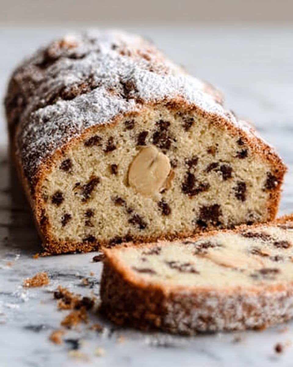 A loaf of cake sliced open, showing inside layers with a light brown color dotted with small dark spots throughout, likely chocolate chips, and a round, lighter beige nut embedded near the center. The top layer of the cake is dusted with a white powdery topping, lightly covering the rough surface. The cake sits on a white marbled surface with some crumbs scattered around. The texture looks soft on the inside and slightly rough on the crust. photo taken with an iphone --ar 4:5 --v 7