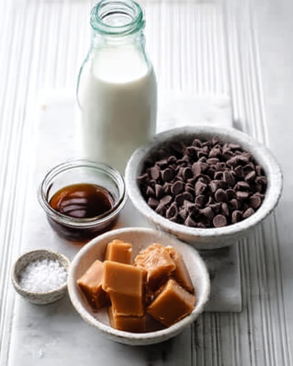 The image shows four clear glass containers on a white marbled surface. On the left side, there is a tall glass bottle filled with white milk-like liquid. Next to it on the right, there is a white bowl full of dark brown chocolate chips with a smooth texture. In front of the bowl, a small white bowl contains several light brown caramel cubes with a shiny surface. Near the bottom left corner, a tiny jar of dark brown liquid, likely vanilla or syrup, sits beside a small white bowl filled with white salt crystals that have a coarse texture. The arrangement is neat and each container is clearly visible. Photo taken with an iphone --ar 4:5 --v 7