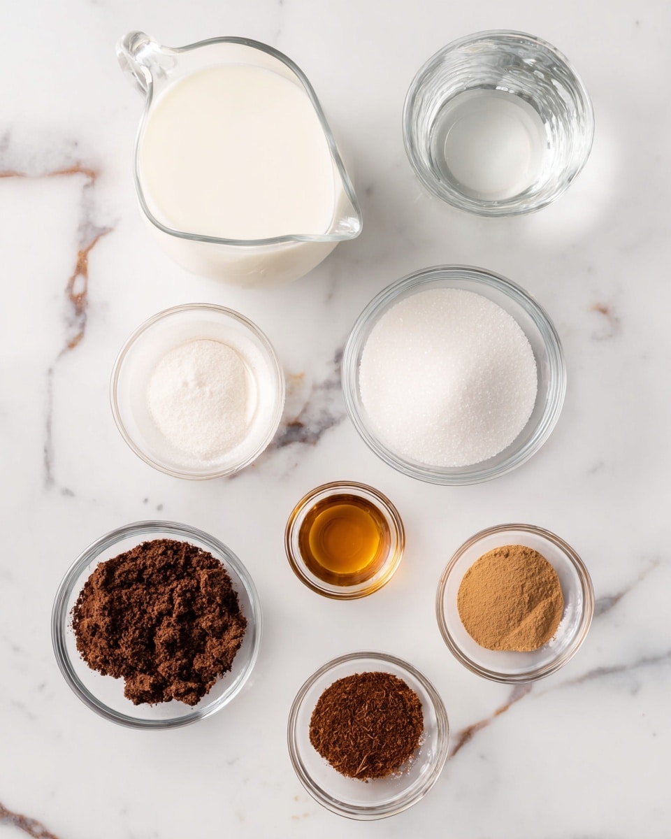 The image shows seven small clear glass bowls arranged on a white marbled surface. The top left bowl is a pitcher filled with smooth white milk. To the right is a bowl with clear water. Below the milk pitcher is a bowl filled with white granulated sugar that looks fine and evenly packed. In the center is a small bowl with golden brown vanilla extract. To the right of that is a bowl filled with dark brown cocoa powder that has a crumbly texture. Below the sugar bowl is another small bowl with cinnamon powder in a light brown shade. The last bowl at the bottom right corner holds a small amount of slightly darker cinnamon or nutmeg powder. photo taken with an iphone --ar 4:5 --v 7