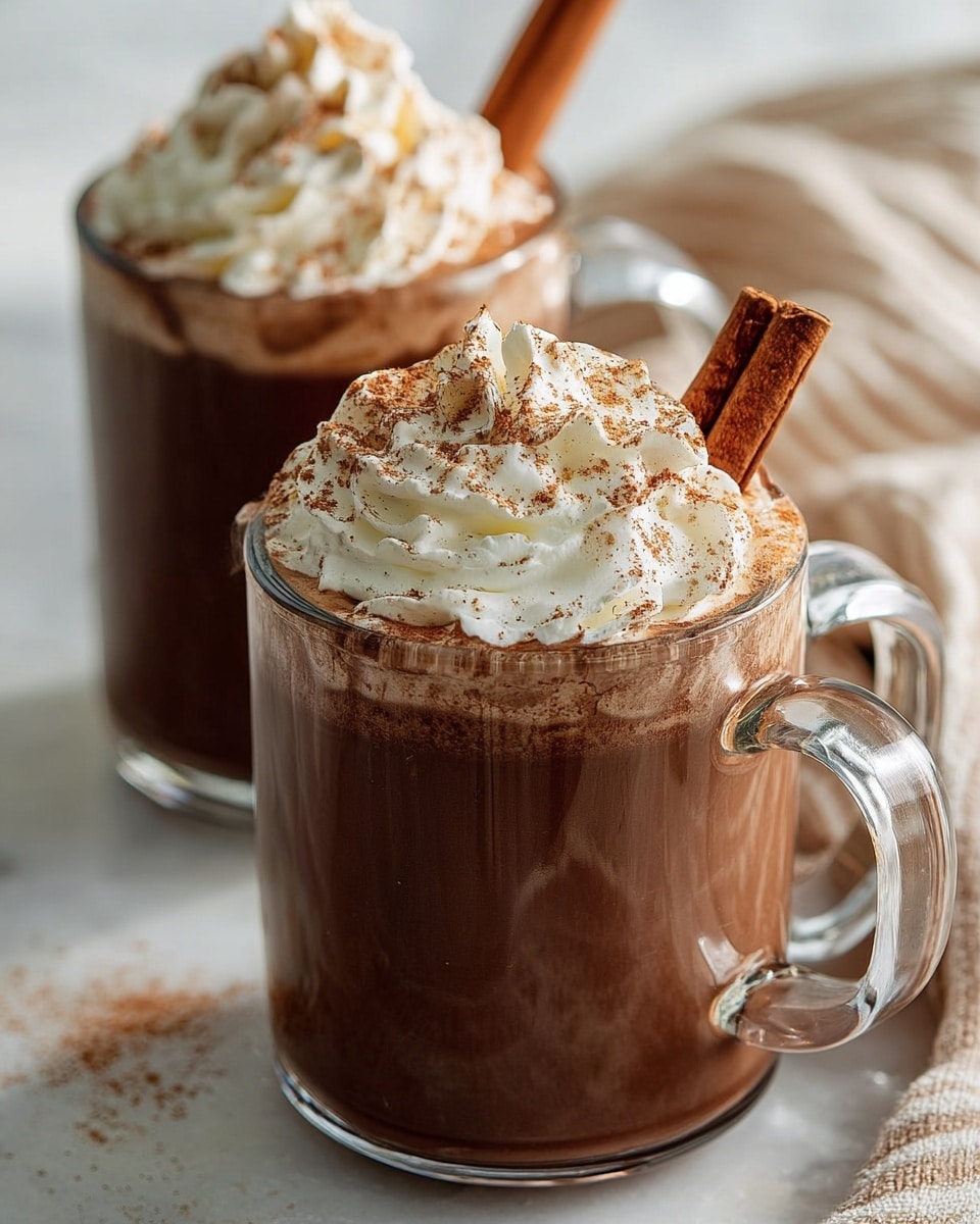 The image shows two clear glass mugs filled with rich brown hot chocolate. Each mug has a thick swirl of white whipped cream on top, sprinkled with fine dusting of cinnamon powder. Both mugs have a cinnamon stick placed upright inside, leaning against the whipped cream. The mugs are placed on a white marbled surface with a soft beige striped cloth nearby. The background is softly blurred, putting focus on the detailed textures of the creamy toppings and smooth drink. photo taken with an iphone --ar 4:5 --v 7