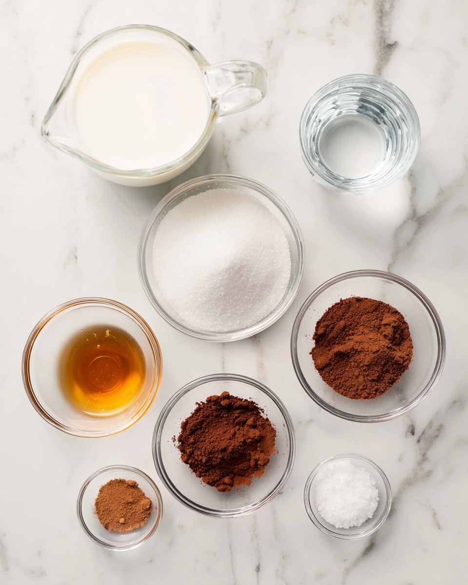 Seven clear glass bowls hold different ingredients on a white marbled surface. In the top left, a large pitcher contains white cream. To the top right, a small glass holds clear water. Below the pitcher, a round bowl is filled with white granulated sugar. To the right of the sugar, a slightly larger bowl contains dark brown cocoa powder. Below the cocoa powder, two small bowls sit side by side; the left one has a small pile of light brown cinnamon powder, while the right one holds a smaller pile of reddish-brown powder, likely nutmeg. In the center, a small bowl contains a golden brown liquid, likely vanilla extract. Lastly, a tiny bowl below holds a small amount of white salt. photo taken with an iphone --ar 4:5 --v 7