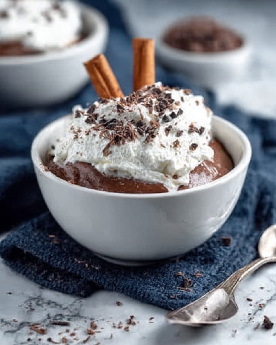 A white bowl filled with a rich chocolate dessert topped with a thick layer of white whipped cream, sprinkled with small dark chocolate flakes, two cinnamon sticks placed vertically on one side inside the whipped cream. The bowl is set on a dark blue cloth, with a shiny metal spoon lying next to it on the white marbled surface. In the background, there is a blurred white bowl with more chocolate flakes. Photo taken with an iphone --ar 4:5 --v 7