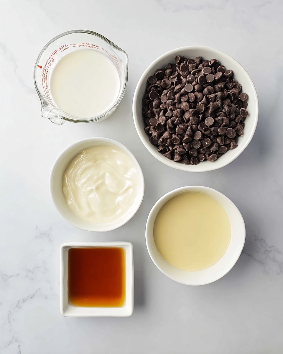 The image shows five containers placed on a white marbled surface, each holding different ingredients for a recipe. At the top left, there is a glass measuring cup filled with a white liquid. To the right of it is a white bowl filled with a large amount of dark brown chocolate chips. Below the chocolate chips, there are two small white bowls; the one on the left contains a smooth white creamy liquid, and the one on the right holds a pale yellow creamy liquid. Finally, at the bottom left, there is a small square white dish with a dark amber liquid. All containers are neatly arranged, and the lighting is soft and even, highlighting the colors and textures of the ingredients. photo taken with an iphone --ar 4:5 --v 7
