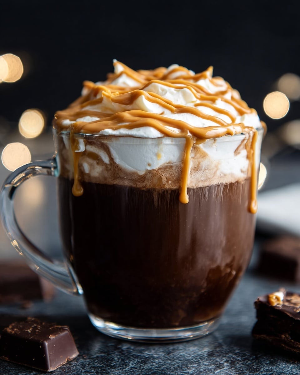 A clear glass cup filled with dark brown hot chocolate topped with a thick white whipped cream layer that almost fills the cup to the top. On top of the whipped cream, there is a drizzle of light brown peanut butter sauce, artistically spread in uneven lines covering the surface. The cup has a small clear handle and is placed on a dark surface with chocolate pieces scattered around. The background is dark with blurred white and yellow round lights, all on a white marbled texture. photo taken with an iphone --ar 4:5 --v 7