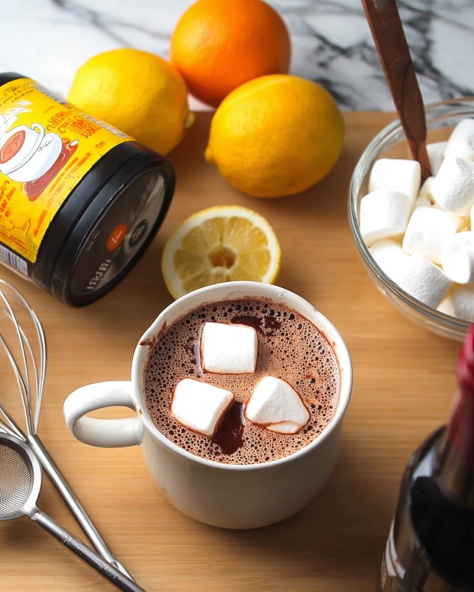 A white cup filled with frothy hot chocolate showing a dark brown surface with bubbles, topped with two large, soft white marshmallows floating on top. The cup is placed on a light wooden table with a metallic spoon, tongs, a whisk, and a glass bowl filled with more large white marshmallows surrounding it. To the left, two bright orange lemons sit near a tilted black container of hot chocolate powder with a yellow label showing a white cup illustration. To the right, a dark brown bottle with a red wax seal is partially visible. The image’s background is a white marbled texture. photo taken with an iphone --ar 4:5 --v 7