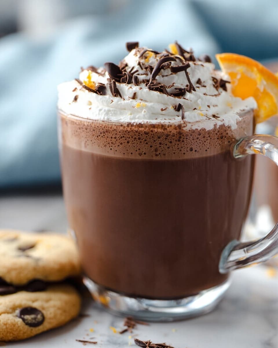 The image shows a clear glass mug filled with rich, dark brown hot chocolate. On top, there is a thick layer of white whipped cream, sprinkled with small dark chocolate shavings and curls. A small orange piece, possibly a slice of citrus, decorates the edge of the whipped cream. The mug is placed on a white marbled surface, with a cookie that has chocolate chips next to it. A blurred light blue cloth is also visible in the background. photo taken with an iphone --ar 4:5 --v 7