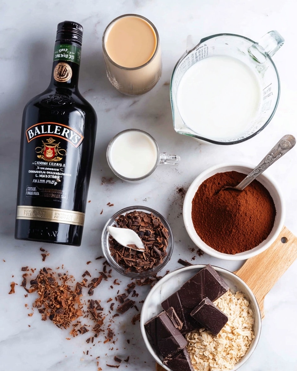 The image shows six main items placed on a white marbled surface: a large black bottle labeled