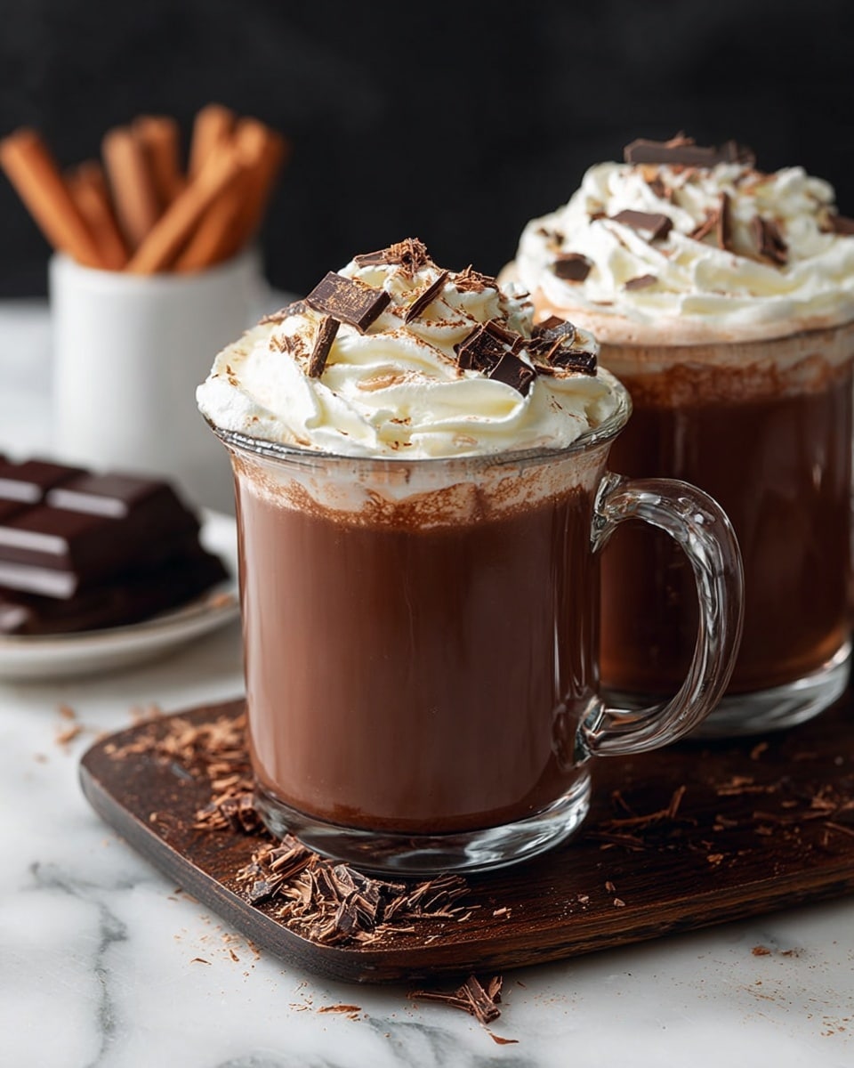 There are two clear glass mugs filled with rich brown hot chocolate, each topped with a thick swirl of white whipped cream that almost spills over the rim. The whipped cream is sprinkled with small pieces of dark chocolate shavings. The mugs rest on a dark wooden board with chocolate shavings scattered around. In the background, there is an out-of-focus white bowl holding cinnamon sticks and a white plate with stacked pieces of dark chocolate. The scene is set against a white marbled surface. Photo taken with an iphone --ar 4:5 --v 7