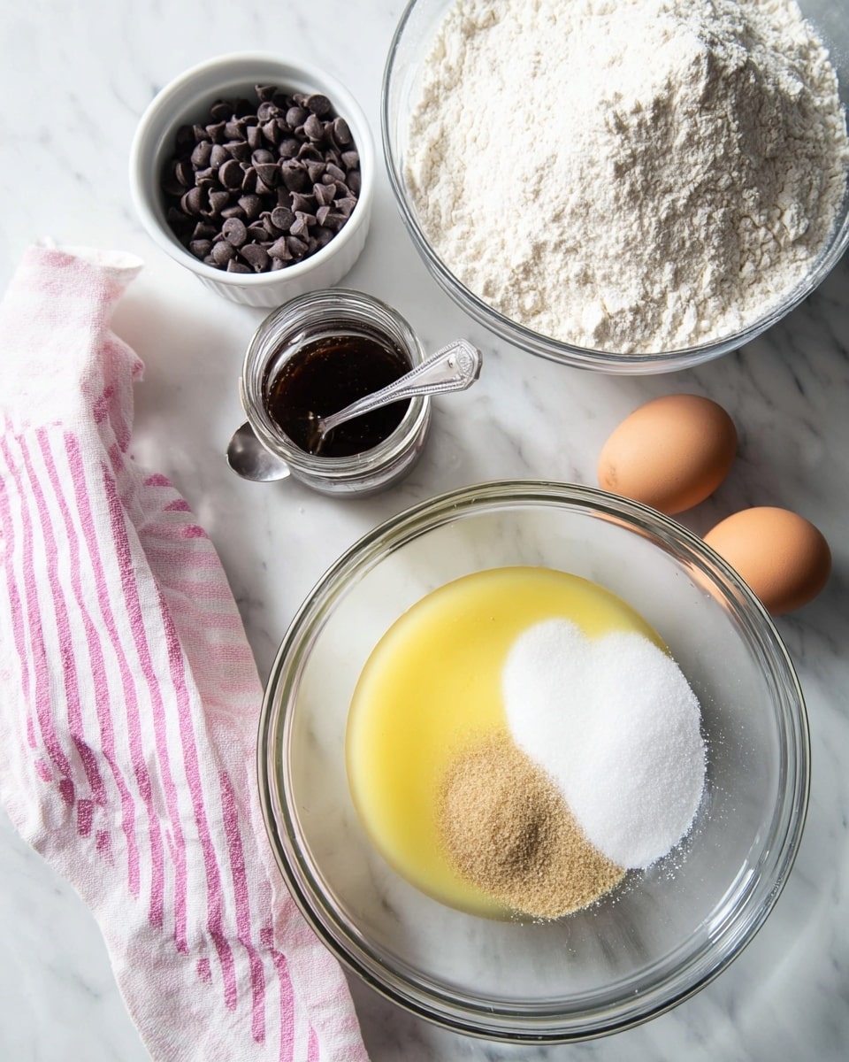 The image shows ingredients for baking arranged on a white marbled surface. In the foreground, there is a large clear glass bowl with three layers visible: melted yellow butter at the bottom, a layer of white granulated sugar, and a layer of light brown sugar on top. To the back right, there are two brown eggs lying on the surface. Behind them, a large clear bowl filled with white flour, slightly mounded in the center. To the left, a small white bowl filled with dark chocolate chips, and next to it, a small clear jar with a dark thick liquid and a spoon inside. A striped pink and white cloth is partially visible on the left side. Photo taken with an iphone --ar 4:5 --v 7