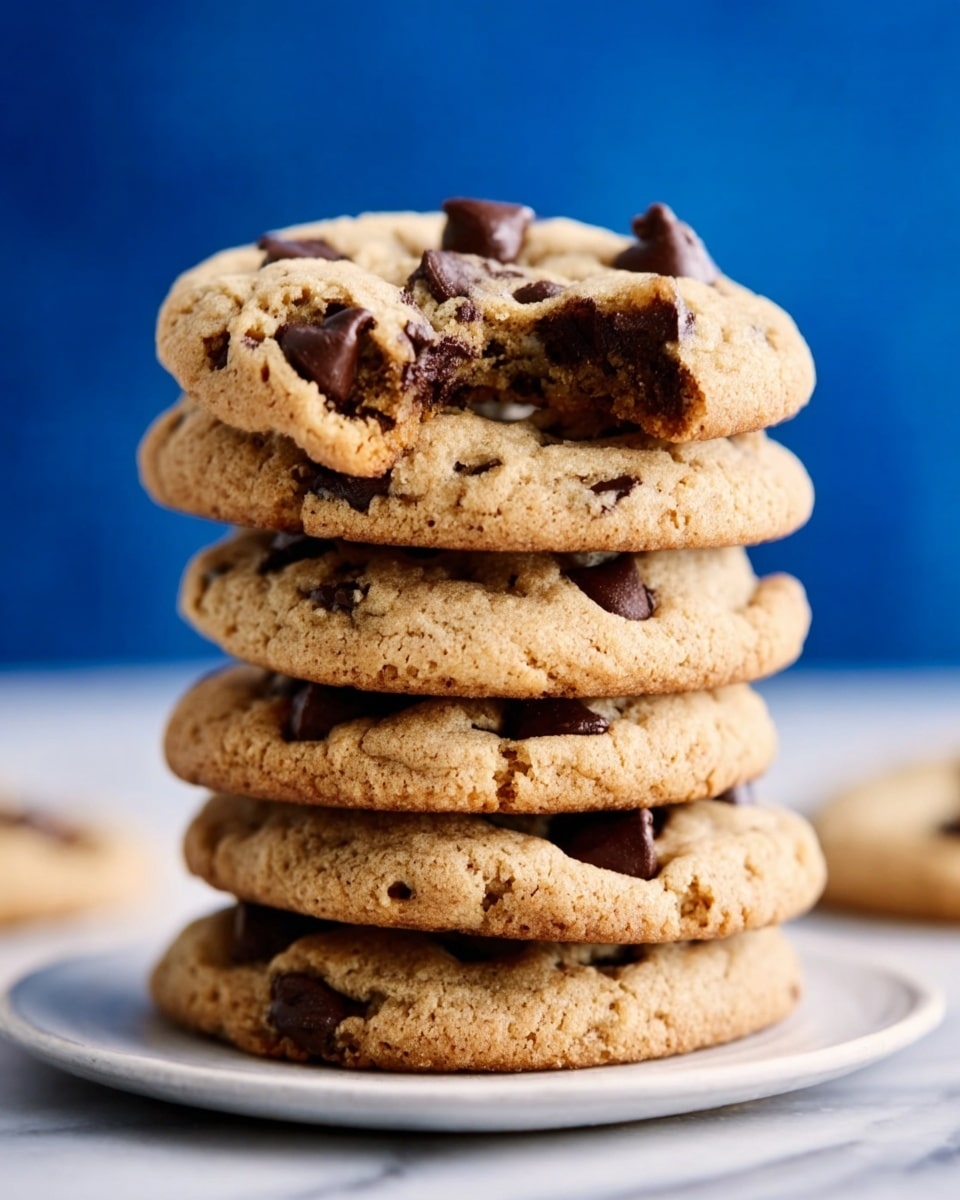 A tall stack of six chocolate chip cookies is shown, each cookie light brown with a soft texture and studded with melted dark brown chocolate chips. The cookies have slight cracks on the surface, showing a chewy inside. The stack sits on a white plate with a blurred white marbled surface below and a deep blue background behind. The top cookie is slightly lifted, showing melty chocolate chips on the edges. photo taken with an iphone --ar 4:5 --v 7
