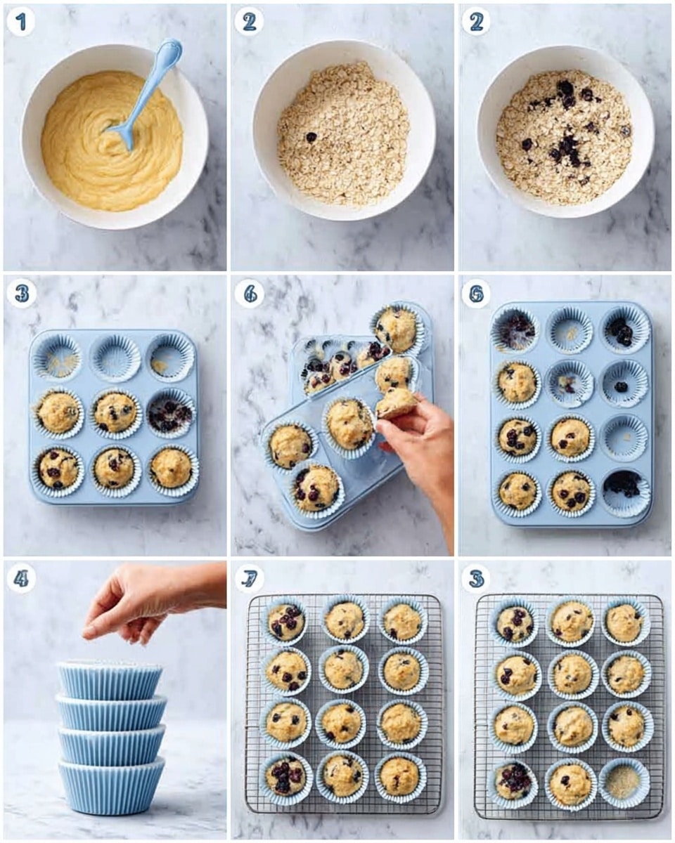 The image shows a step-by-step process of making muffins or cupcakes, arranged in nine small panels in a 3x3 grid on a white marbled surface. The first panel shows a white bowl with light yellow batter and a blue spoon inside. The second panel adds oats to the batter, showing a lumpy, mixed texture. The third panel shows the batter mixed with visible dark blueberries inside. The fourth panel displays a woman's hand placing the batter-filled white muffin liners on a baking tray, with each liner holding a spoonful of batter. The fifth panel shows the tray fully filled with batter in the liners. The sixth panel has a stack of six small light blue muffin containers next to the tray. The seventh panel reveals a tray of baked golden muffins with a cracked texture on top, arranged in a circle. The eighth panel shows the baked muffins in the white liners, arranged inside the tray with a more detailed view of the crumbly tops mixed with berries. The ninth panel displays the muffins cooling on a wire rack, showing a close-up of their light golden tops with small cracks and scattered blueberries. Photo taken with an iphone --ar 4:5 --v 7