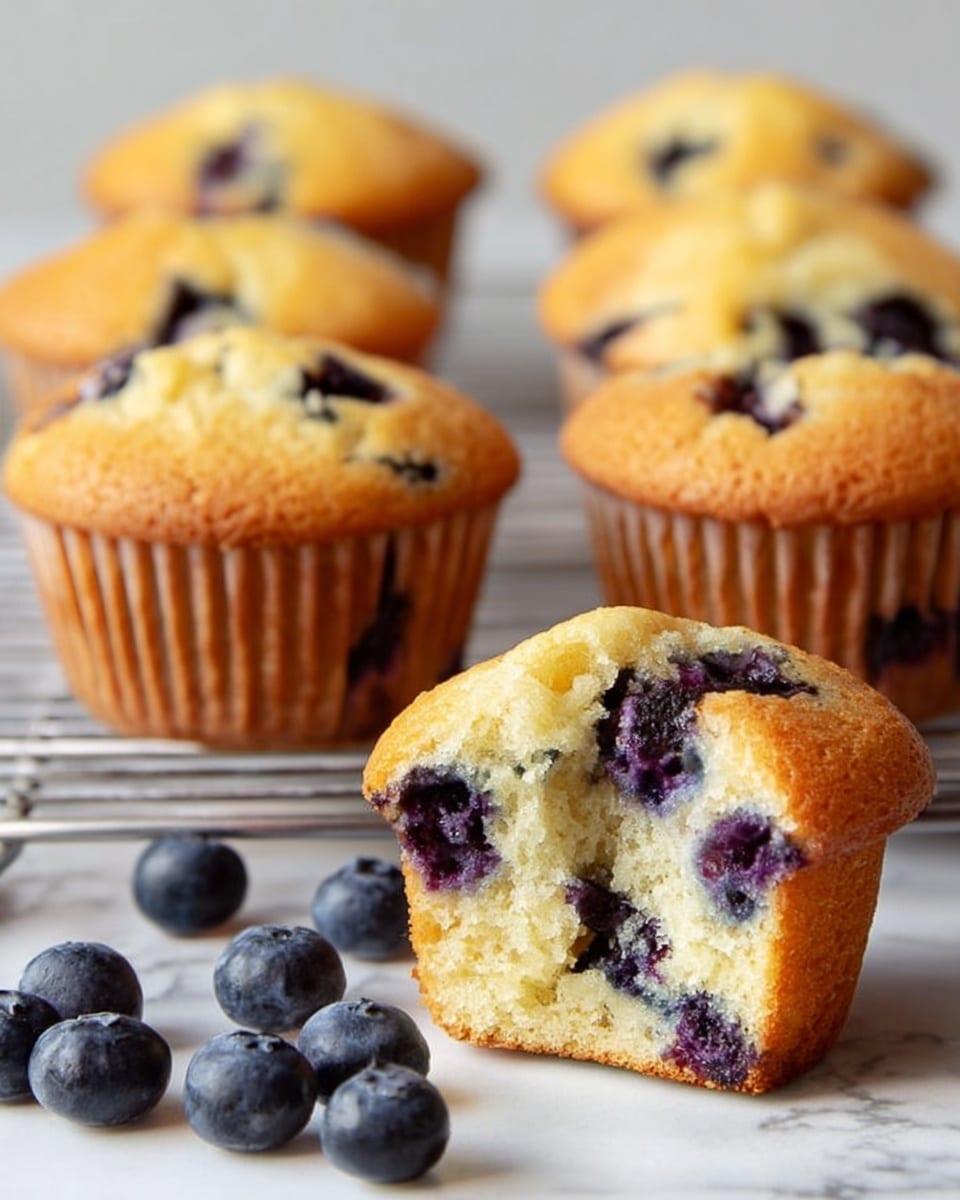 The image shows a close-up of six golden brown blueberry muffins with a soft, moist texture. The muffin in the front is cut in half, revealing its inside filled with whole dark blue blueberries and light yellow fluffy cake around them. Five whole muffins are behind it on a silver cooling rack. Scattered fresh blueberries in deep blue color are placed on the white marbled surface in front of the muffins. The light background is simple and soft, putting focus on the muffins. photo taken with an iphone --ar 4:5 --v 7