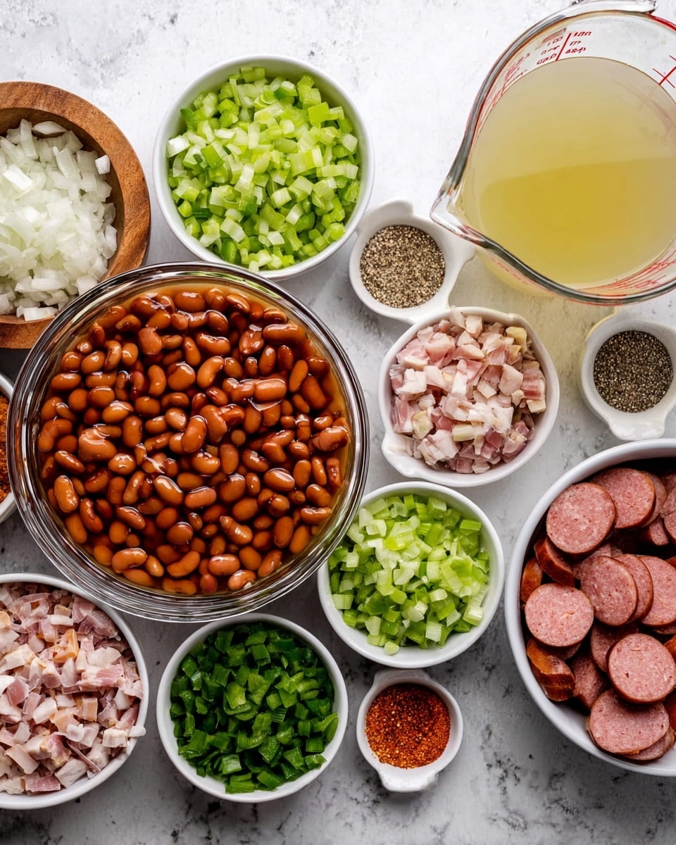 A top view of many small white bowls and a large clear bowl placed on a white marbled surface, each filled with different cooking ingredients. The large clear bowl in the center holds red beans soaked in water, showing shiny smooth beans. Around it are smaller white bowls with light green chopped celery, pale pink diced ham, dark green chopped bell pepper with a shiny texture, white chopped onion, and deep reddish-brown round sliced sausage pieces. There is also a small wooden bowl with minced garlic, a tall clear measuring cup filled with a light yellow broth, and two small white dishes with black pepper and a reddish spice mix. The setting is bright and clear, with all ingredients neatly arranged. Photo taken with an iphone --ar 4:5 --v 7