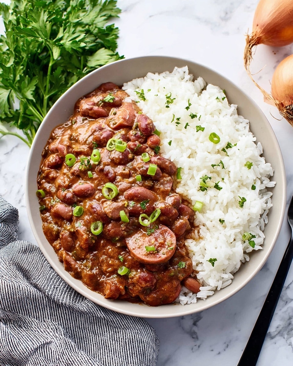 A white bowl filled with two visible layers: the bottom layer is white rice, covering half the bowl with fluffy, soft grains; the top layer shows thick, reddish-brown beans stew with sausage slices mixed in, garnished with small green onion pieces scattered on top. The bowl sits on a white marbled surface with a black fork on the right and some fresh parsley and whole onions nearby. A striped kitchen towel is partially visible on the left side. Photo taken with an iphone --ar 4:5 --v 7