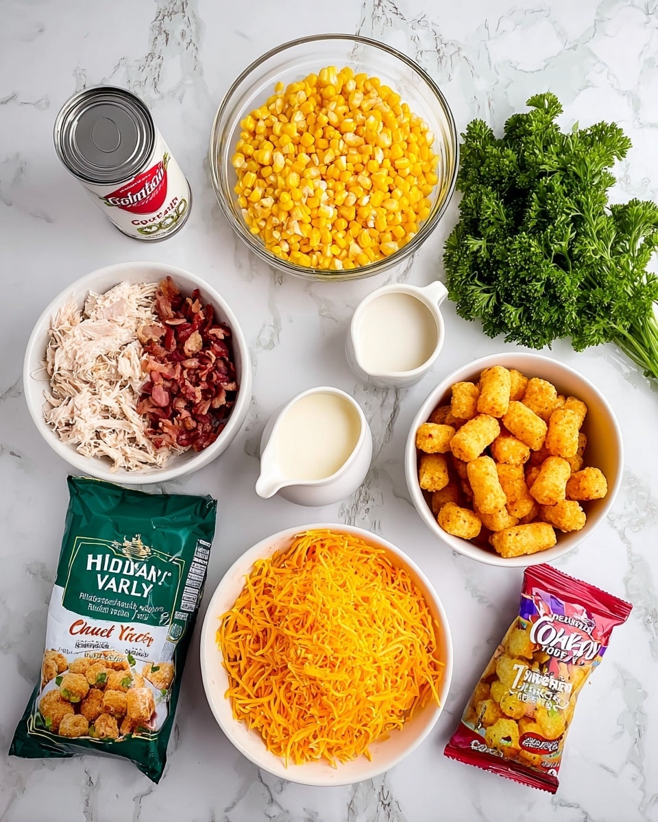 The image shows several ingredients arranged neatly on a white marbled surface. There are seven main items: a clear glass bowl filled with bright yellow corn kernels at the top center, a white bowl with shredded cooked chicken just below the corn, a white bowl full of shredded orange cheddar cheese on the lower left, and a white bowl containing chopped cooked bacon pieces on the upper left. In addition, there is a silver can of Campbell’s cream of chicken soup to the left of the chicken bowl, a green packet of Hidden Valley ranch seasoning in front of the cheese bowl, a small white pitcher filled with cream to the right of the chicken, and a small white bowl filled with sour cream above the cream pitcher. On the far right side, there is a bunch of fresh green parsley. A colorful package of golden tater tots is placed on the lower right corner, partially visible. All items are clearly separated, making each ingredient easy to see. Photo taken with an iphone --ar 4:5 --v 7
