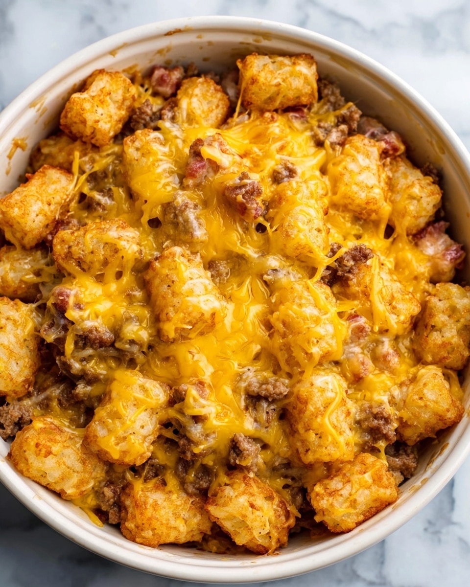 The image shows a close-up of a white bowl filled with a cooked dish. The bottom layer is made of crispy golden tater tots, topped with small pieces of browned sausage. Over the sausage and tater tots, there is melted bright yellow cheese covering the dish evenly, creating a soft and gooey texture. The ingredients are mixed together but each element is still visible with a slightly bubbly and melted look on top. The bowl sits on a white marbled surface. photo taken with an iphone --ar 4:5 --v 7