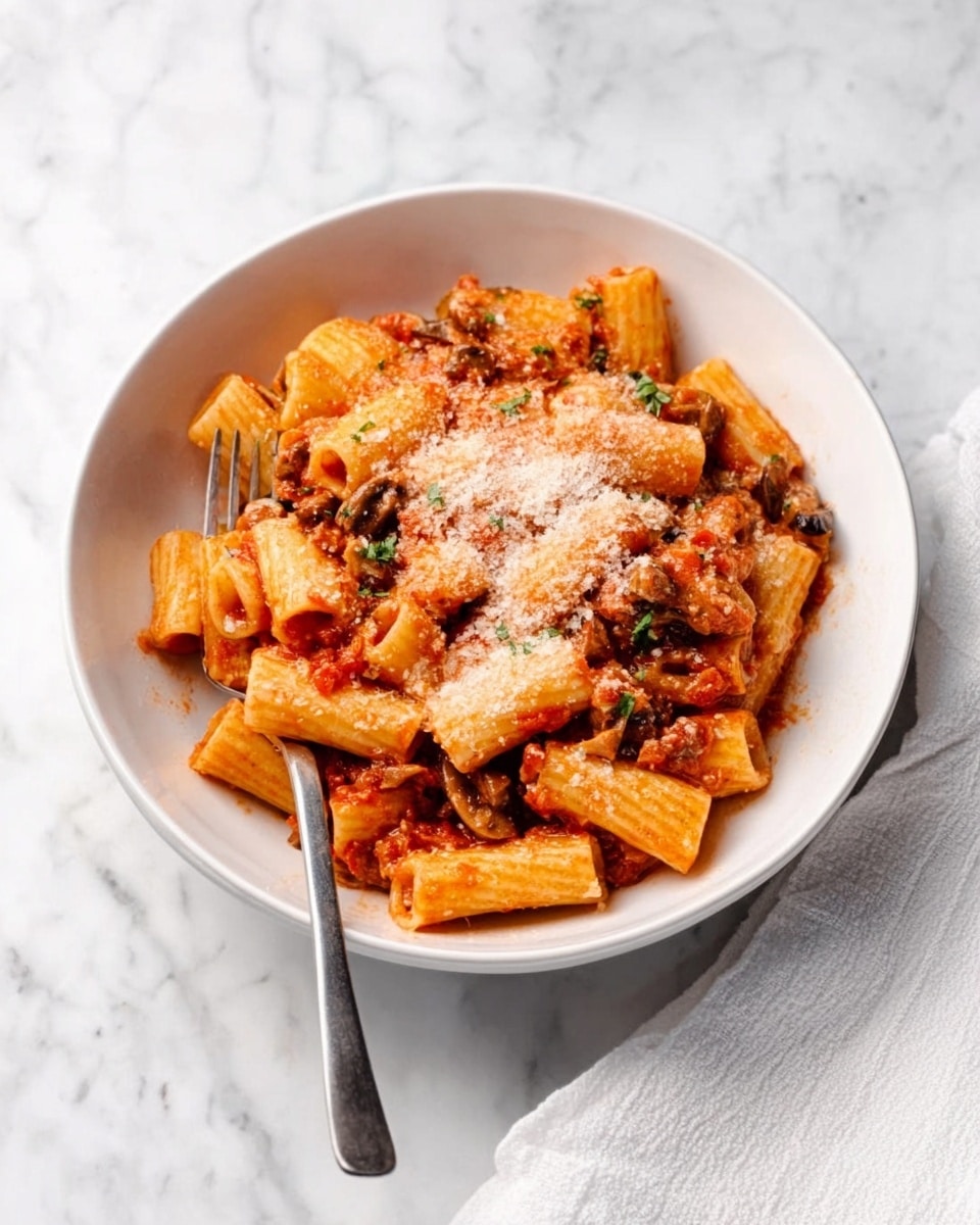 A top view of many clear glass bowls and containers arranged neatly on a white marbled surface. The largest bowl near the top center holds dry yellow penne pasta. Other bowls contain chopped white onions, diced orange carrots, chopped green celery, and crushed red tomatoes with seeds showing. There are also bowls with raw ground meat in two shades, chopped mushrooms, minced garlic, and small bits of bacon. More containers hold clear liquids, likely broth and oil, with one small container of white cream. Tiny bowls with salt, black pepper, and dried herbs are placed around. A white bay leaf lies flat near the center bottom. The light is soft and bright. photo taken with an iphone --ar 4:5 --v 7