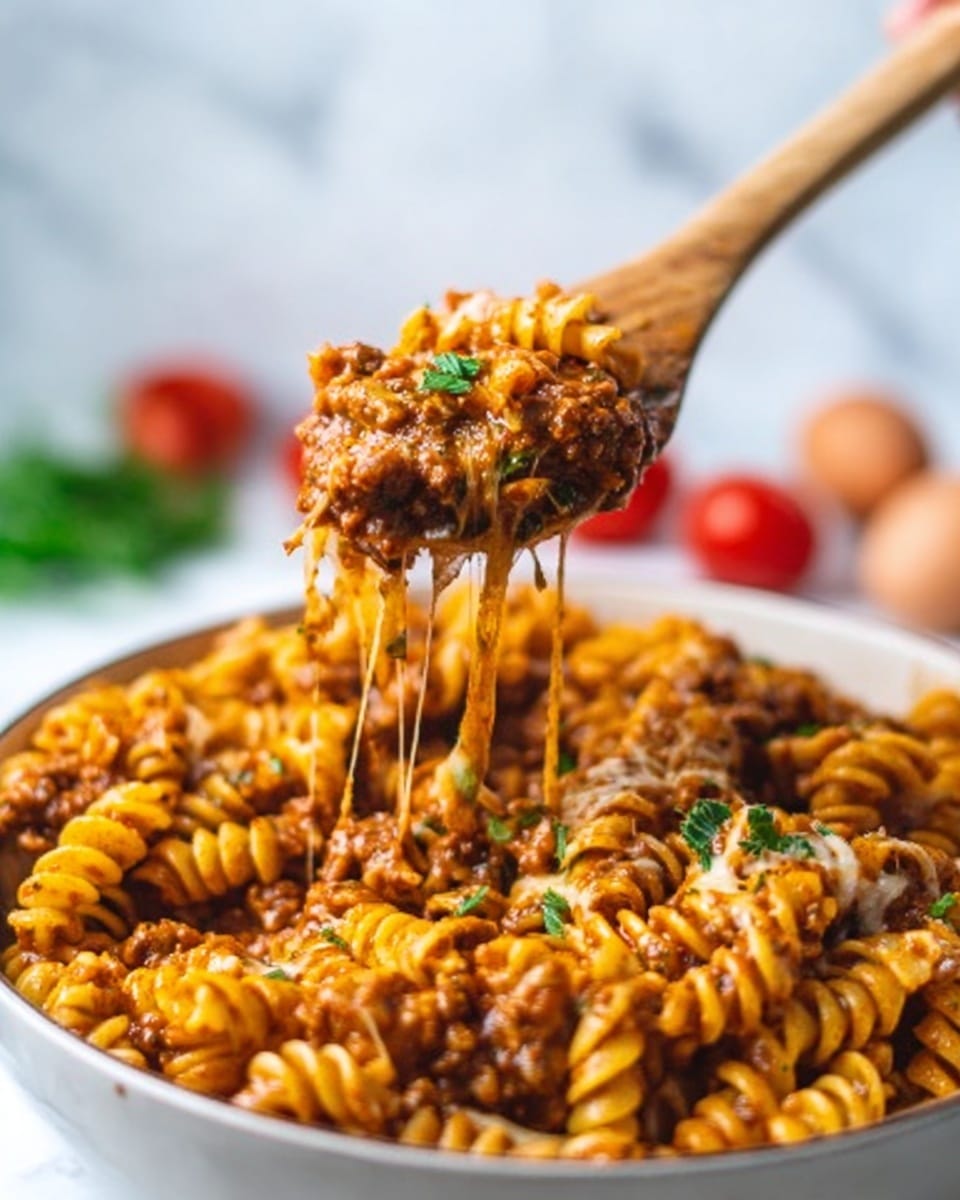 A close-up of a white bowl filled with twisted pasta (fusilli) mixed with rich brown meat sauce. The pasta is covered in melted light orange cheese that stretches as a woman's hand holds a wooden spoon lifting a portion of the pasta. Small green herbs are sprinkled on top for color contrast. In the blurred white marbled background, there are a few red cherry tomatoes and eggs out of focus. The scene looks warm and cozy, showing the cheesy texture and the thick sauce clearly. photo taken with an iphone --ar 4:5 --v 7