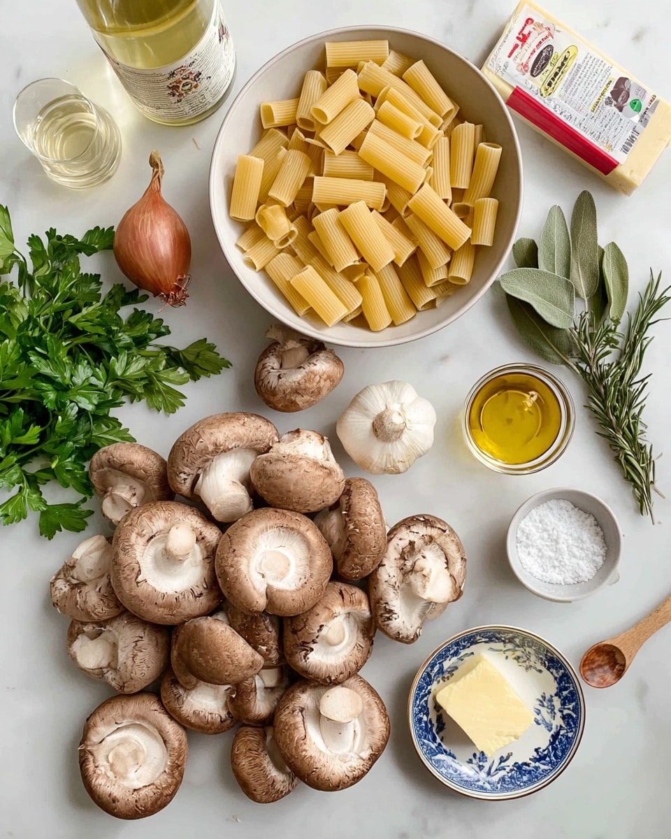 The image shows a white bowl with uncooked rigatoni pasta placed at the top center, surrounded by various ingredients on a white marbled surface. Below the bowl is a group of fresh brown mushrooms with smooth caps, arranged loosely in a pile. To the left of the mushrooms, there is a bunch of green herbs including parsley, rosemary, and sage. Above the mushrooms, three cloves of garlic and a whole shallot are positioned. On the right side, a small glass bowl filled with coarse salt, a small portion of butter on a white plate with blue patterns, a small glass of clear white wine, and a dollop of mustard on a wooden spoon rest nearby. On the far left, a clear glass bottle filled with olive oil is partially visible. A pack of grated Parmesan cheese is at the bottom left corner. Photo taken with an iphone --ar 4:5 --v 7