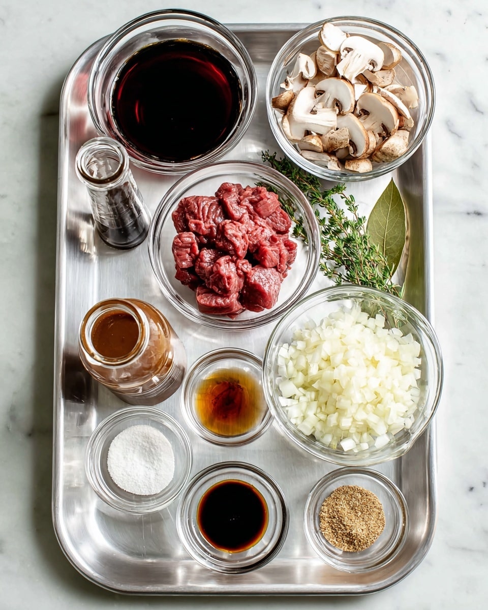 On a shiny metal tray with a white marbled background, there are eleven small clear glass bowls and one jar arranged neatly. In the middle, a bowl holds raw red meat chunks. To the right of the meat, there is a bowl filled with diced white onions, and above it, a sprig of fresh green herbs including rosemary, thyme, and a bay leaf. To the left of the meat, a bowl contains sliced brown mushrooms. In the top left corner, a glass bowl contains a dark red liquid. Next to it, a tall jar filled with a brown liquid stands. At the bottom row, four small bowls hold minced garlic, dark soy sauce, a lighter soy sauce or similar dark sauce, and a small bowl of brown spice mix. In front of them, three more small bowls hold black pepper, salt, and white flour. All the bowls are white except for the clear glass ones, and the whole setup is clean and bright. photo taken with an iphone --ar 4:5 --v 7