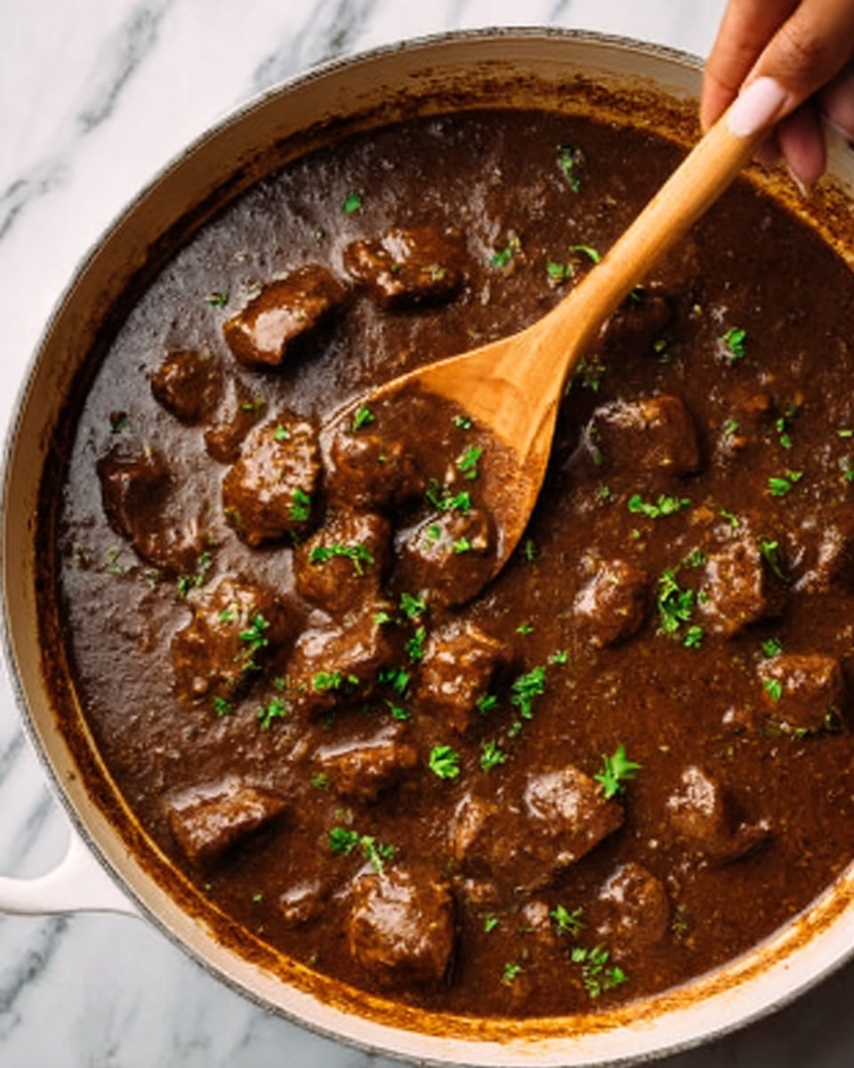 A white pot filled with dark brown stew containing several chunks of tender meat, sprinkled lightly with small pieces of green herbs on top. A woman's hand holds a wooden spoon in the stew, gently stirring it. The stew has a thick and smooth texture with a rich color. The background shows a white marbled surface. photo taken with an iphone --ar 4:5 --v 7