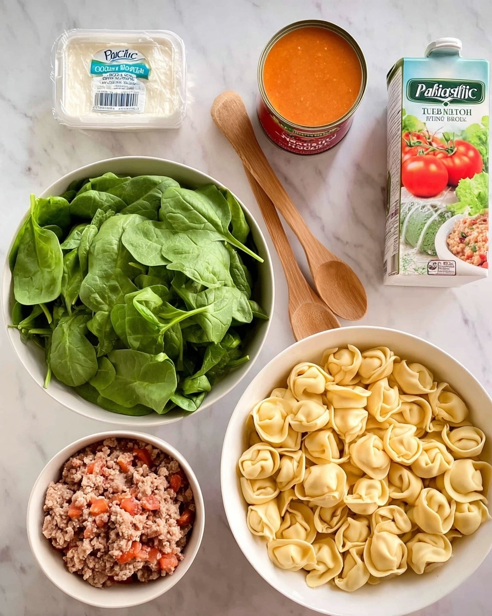 A white bowl full of fresh green spinach leaves is placed on a white marbled surface. Two cans of Italian style diced tomatoes with red tomato images on the labels sit side by side. A white wrapped package of Philadelphia cream cheese is nearby, along with a wooden spoon resting on the surface. A white carton of Pacific organic vegetable broth, showing an orange soup image, lies flat. In the middle, a white bowl holds a mound of cooked ground meat with a crumbly, light brown texture. To the right, a white bowl filled with uncooked tortellini pasta, pale yellow with smooth, folded shapes, completes the arrangement. photo taken with an iphone --ar 4:5 --v 7