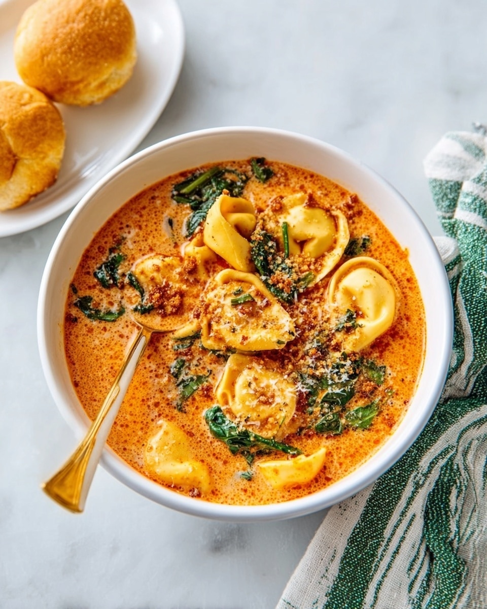 The image shows a white bowl filled with orange creamy soup layered with golden tortellini pasta and topped with green spinach leaves and brown breadcrumbs sprinkled on top. A gold spoon is placed inside the bowl on the left side, resting against the pasta and soup. To the left of the bowl is a white oval plate with two golden bread rolls. The bowl and plate are placed on a white marbled surface, and there is a green and white striped cloth napkin on the right side of the bowl. The soup looks rich and thick with a smooth texture photo taken with an iphone --ar 4:5 --v 7
