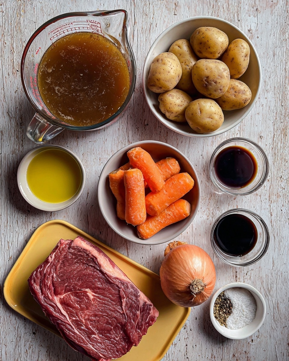 The image shows several cooking ingredients arranged on a white marbled surface. In the bottom right, a single raw large steak with deep red color and marbling lies on a yellow tray. Just above it is a whole brown onion with rough skin. To the left of the onion, a metal cup holds several bright orange baby carrots. Above the carrots is a white bowl with golden yellow olive oil. In the top left, a large clear glass measuring cup filled with brown broth is placed. Next to the broth is a white bowl filled with several small, light brown potatoes. To the right of the potatoes are two small clear glass containers: one with dark brown liquid, the other with almost black thick sauce. At the bottom right, a white bowl holds a mix of white salt, black and green pepper, and garlic cloves. The whole scene is well lit and clear, photo taken with an iphone --ar 4:5 --v 7