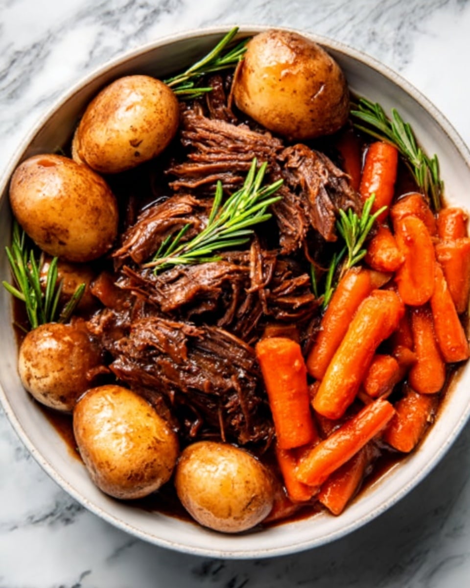 A white bowl filled with a hearty stew showing three thick pieces of dark brown shredded meat spread across the center and right side. Around the meat are several whole baby carrots with a bright orange color scattered mainly on the right and bottom edges. Five large, light brown whole mushrooms are placed, three on the left side, one near the top center, and one to the right. Fresh sprigs of green rosemary are scattered on top of the meat and vegetables, adding a touch of green color. The bowl is set on a white marbled surface. Photo taken with an iphone --ar 4:5 --v 7
