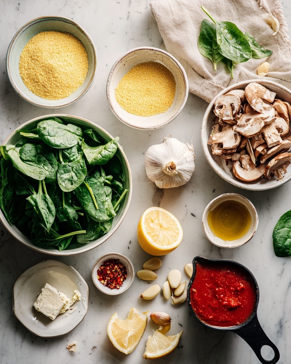 The image shows different ingredients placed on a white marbled surface. There is a white bowl filled with fresh spinach leaves on the bottom left, and next to it, a small white plate with a chunk of cream cheese. Above, there is a small white bowl of yellow cornmeal, and near it, a white bowl with yellow nutritional yeast flakes. A larger white bowl holds sliced brown mushrooms on the right side, partially covered by a beige cloth. A whole head of garlic and two lemon halves show a light yellow color near the center. Small white bowls contain red chili flakes, slivered almonds, and a golden liquid, likely oil. A black measuring cup holds a bright red tomato sauce. Some fresh green basil leaves are also visible near the top right. Photo taken with an iphone --ar 4:5 --v 7