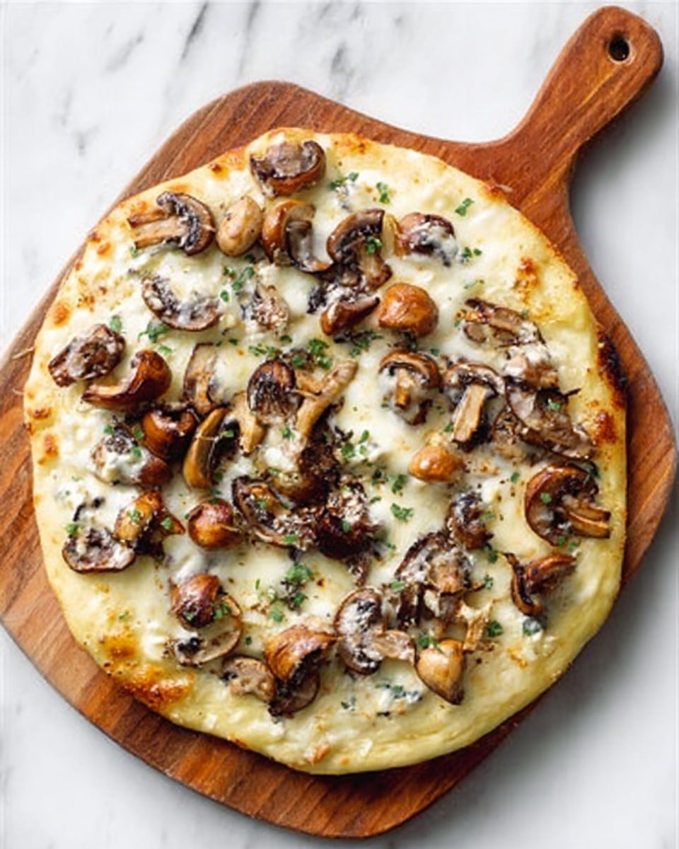 A white pizza sits on a wooden board with a handle, placed on a white marbled surface. The pizza has a single crust that is light golden and slightly uneven. It is topped with melted white cheese covering most of the surface, and scattered browned mushrooms of different sizes with a soft texture. Small bits of green herbs are sprinkled over the top, adding some color contrast. The cheese looks stretchy and creamy in places. Photo taken with an iphone --ar 4:5 --v 7