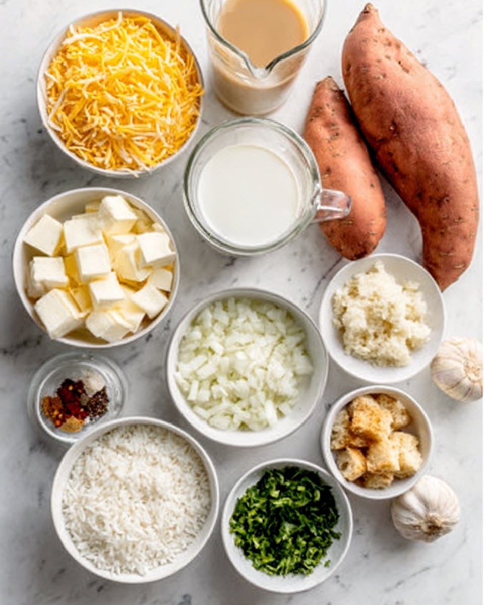 The image shows several small white bowls and containers arranged neatly on a white marbled surface. The bowls contain different cooking ingredients, including a bowl with shredded yellow cheese, one with white cubed butter, one with chopped white onions, another with finely chopped garlic, a small bowl with diced bread pieces, one with fresh green herbs, and a bowl of white rice. Next to the bowls is a clear glass container with a light brown liquid and another with white milk. Two whole sweet potatoes, one orange and one white, are placed near the top right corner. The scene looks bright and clean, with all items carefully laid out for preparing a recipe. photo taken with an iphone --ar 4:5 --v 7