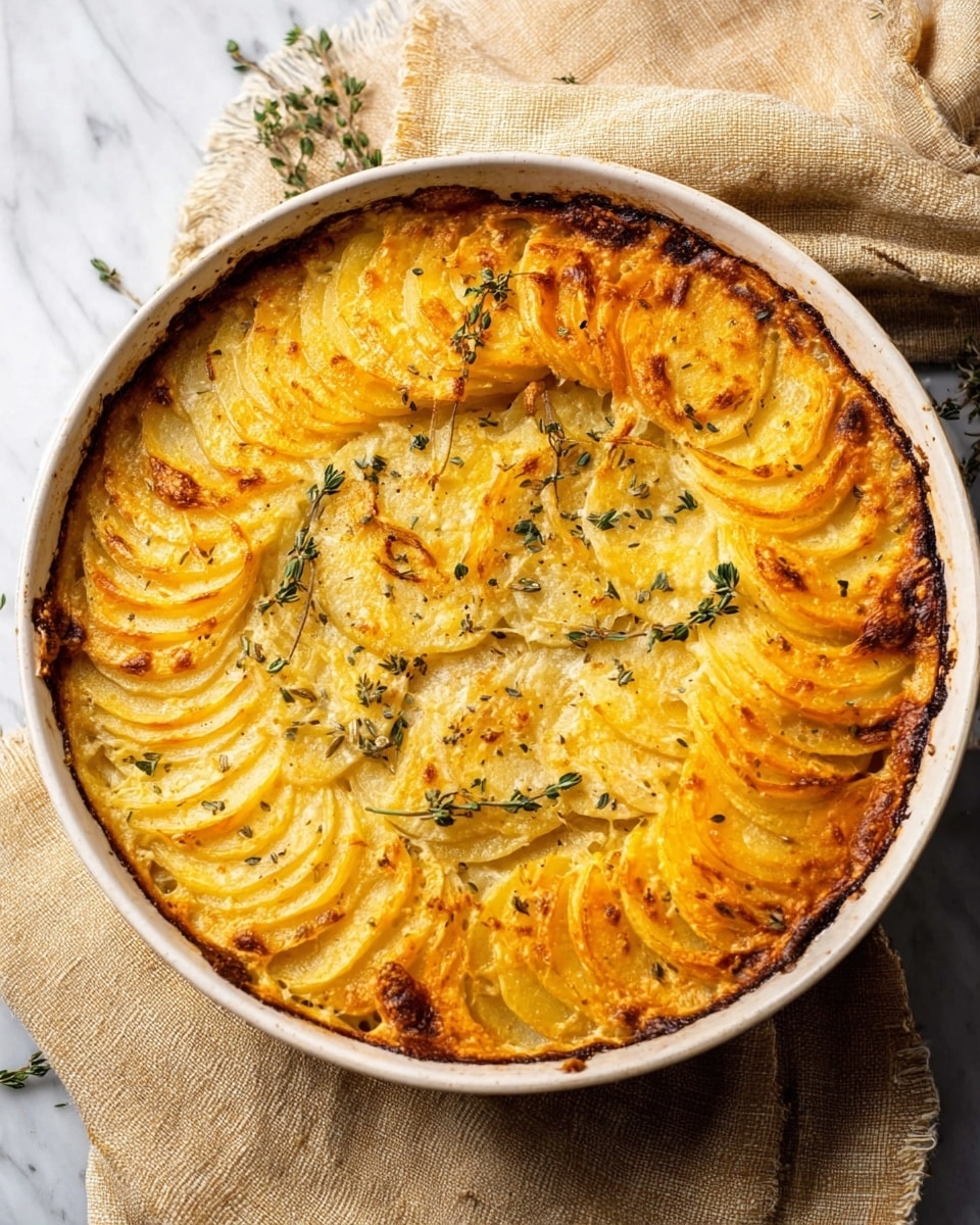 The dish is a round white ceramic plate filled with a layered potato casserole. Thin slices of yellow and orange potatoes are arranged in neat overlapping circles, creating a spiral pattern from the edge to the center. The top layer is golden brown, crispy, and slightly bubbly, with a sprinkle of green herbs on top. The plate sits on a white marbled surface with a beige cloth cloth nearby. Photo taken with an iphone --ar 4:5 --v 7