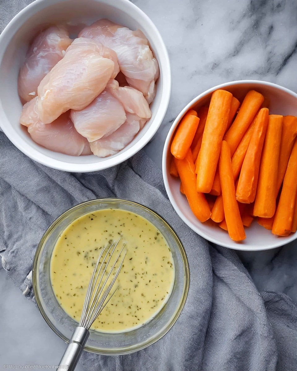 The image shows three main items arranged on a surface with white marbled texture. In the upper left, there is a white bowl holding several pieces of raw light pink chicken arranged closely together with smooth, slightly shiny textures. To the right of the chicken bowl, there is another white bowl filled with bright orange baby carrots that appear smooth and cylindrical. At the bottom center, there is a clear glass bowl containing a creamy, light yellow sauce with small green herbs mixed in, along with a small silver whisk resting inside the bowl. A light gray cloth is seen beneath the bowls, partially covering the surface. Photo taken with an iphone --ar 4:5 --v 7
