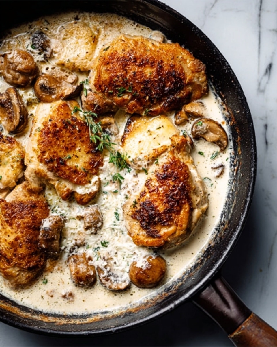 A close-up image of a black pan on a white marbled surface, filled with creamy white sauce and several browned, cooked chicken pieces with a crispy, golden-brown crust on top. There are browned sliced mushrooms mixed into the sauce around the chicken. The creamy sauce looks smooth and thick, covering parts of the chicken and mushrooms. The pan handle is visible to the right side, and the lighting highlights the textures and colors of the cooked food. photo taken with an iphone --ar 4:5 --v 7