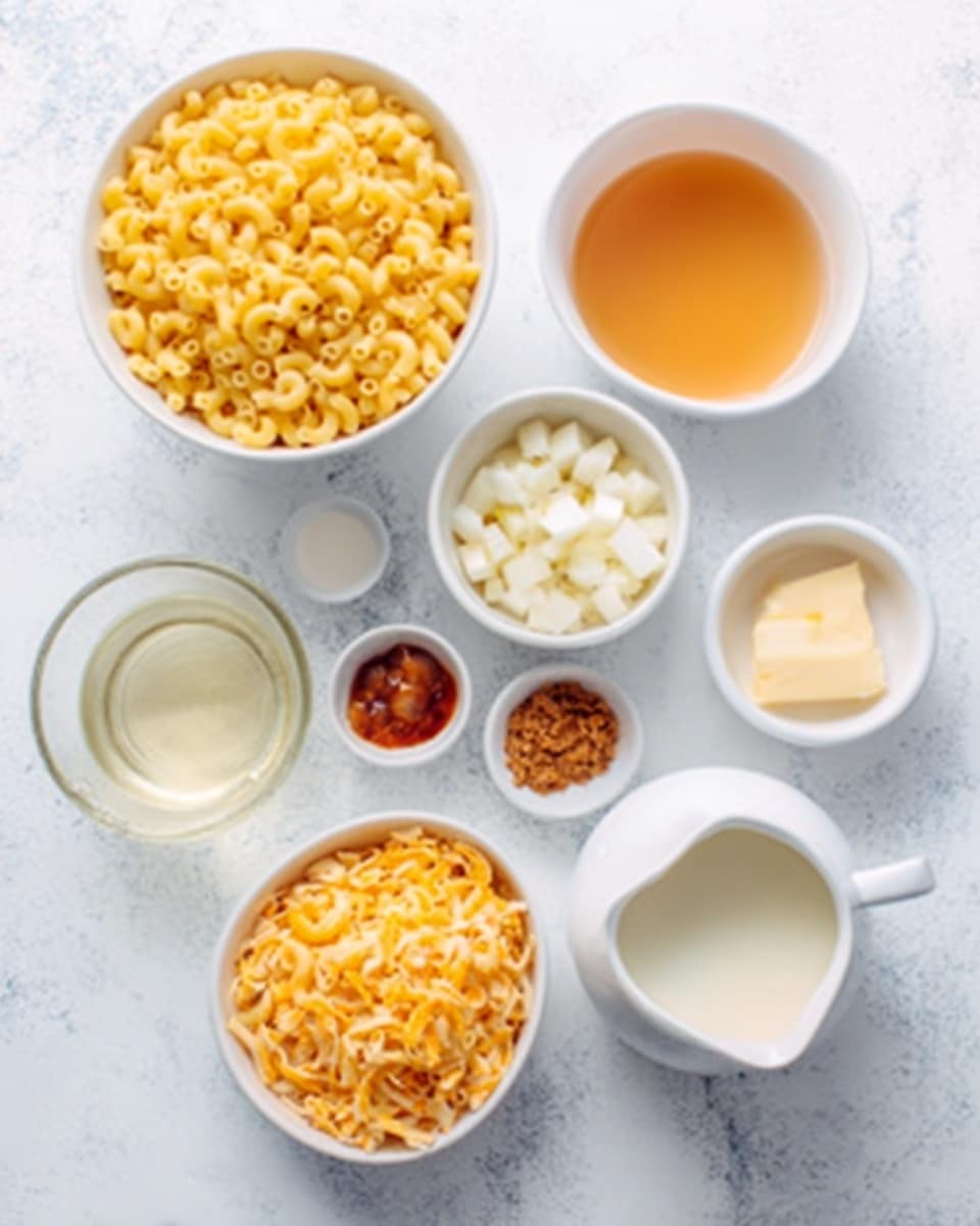 The image shows eight white bowls arranged neatly on a white marbled surface. Starting from the top left, there is a bowl filled with elbow macaroni that is golden yellow in color. To its right, a bowl contains a translucent, light orange liquid, likely broth. Below the macaroni, a bowl holds small white cubes, possibly onions. Next to it, there is a smaller white bowl with a reddish-brown condiment and a white powdery substance, all in separate sections. To the right, there is a white small pitcher filled with a cream-colored liquid. Below the onion bowl, an oval bowl holds orange cheese crackers. Next to that, a round bowl has shredded yellow cheese, and to its left, there is a glass bowl with a clear liquid. The white marbled surface gives a clean and bright background. photo taken with an iphone --ar 4:5 --v 7