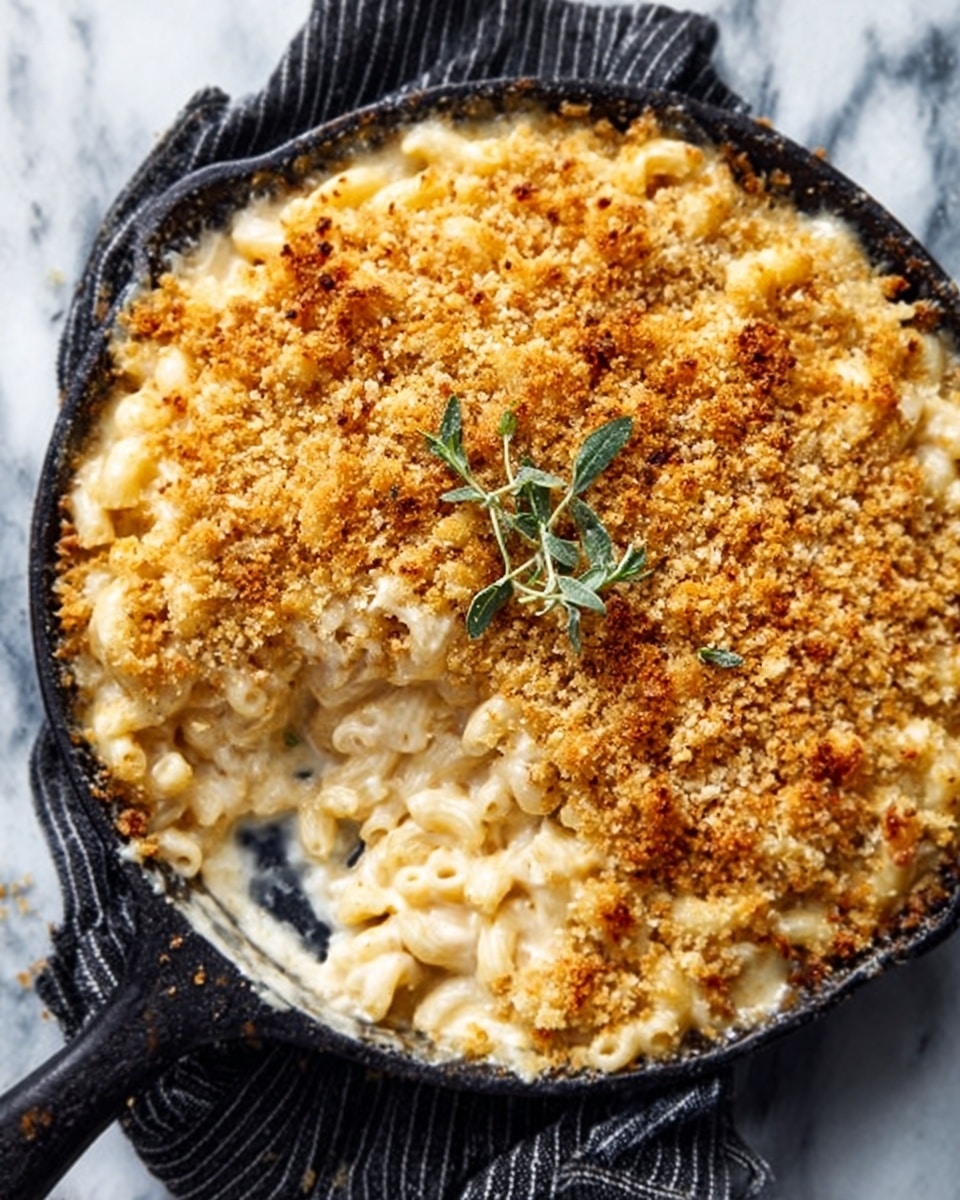 A round black cast iron skillet filled with creamy macaroni and cheese topped with a thick, crumbly golden-brown breadcrumb layer, with a sprig of green herb placed in the center for garnish; the macaroni underneath looks soft and cheesy, slightly pulling away from one side showing the textured pasta and melted cheese inside; the skillet is set on a white marbled surface with a dark striped cloth partially visible underneath. photo taken with an iphone --ar 4:5 --v 7