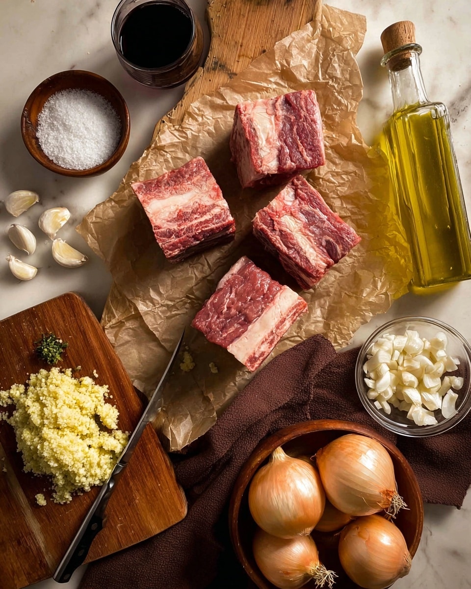 The image shows five thick, raw beef short ribs with bone in the center, placed on crinkled parchment paper on a wooden board. To the left, there is a small bowl filled with coarse salt next to a glass of dark red wine, and several garlic cloves scattered around. Below the ribs is a wooden cutting board with a mound of crushed garlic that has a light yellow color mixed with some green herbs, and a knife resting beside it. To the right, a brown cloth is spread out with whole garlic cloves and a glass measuring cup filled with finely chopped white onions. At the bottom, a wooden bowl contains whole onions with light brown skin. A tall glass bottle of yellow olive oil stands on the top right on a white marbled surface. Photo taken with an iphone --ar 4:5 --v 7