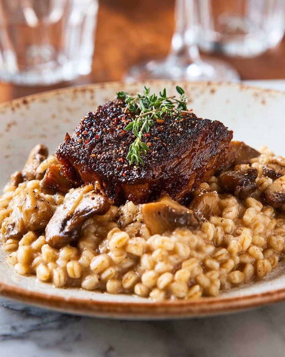 A white speckled plate holds a bed of creamy, light tan barley mixed with chunks of cooked mushrooms that have a soft brown color. On top of this barley layer, there is a thick piece of dark brown, grilled meat with a charred texture and visible seasoning. A small sprig of green thyme rests on the meat, adding a fresh touch. The plate sits on a white marbled surface, with two clear glass water goblets blurred in the background. photo taken with an iphone --ar 4:5 --v 7