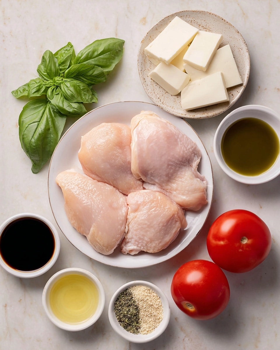 The image shows raw chicken pieces placed on a white plate, arranged in a circular pattern with four pieces filling the plate. To the right of the plate, there are two whole red tomatoes with smooth skin. Below the plate, there are several small white bowls and dishes arranged close together: one with several slices of white cheese, one with fresh green basil leaves, two with dark liquid sauces, one with light yellow liquid, one small dish with light brown dried herbs and gently mashed garlic, and another small dish with salt and black pepper. All items appear neatly placed on a white marbled surface. photo taken with an iphone --ar 4:5 --v 7