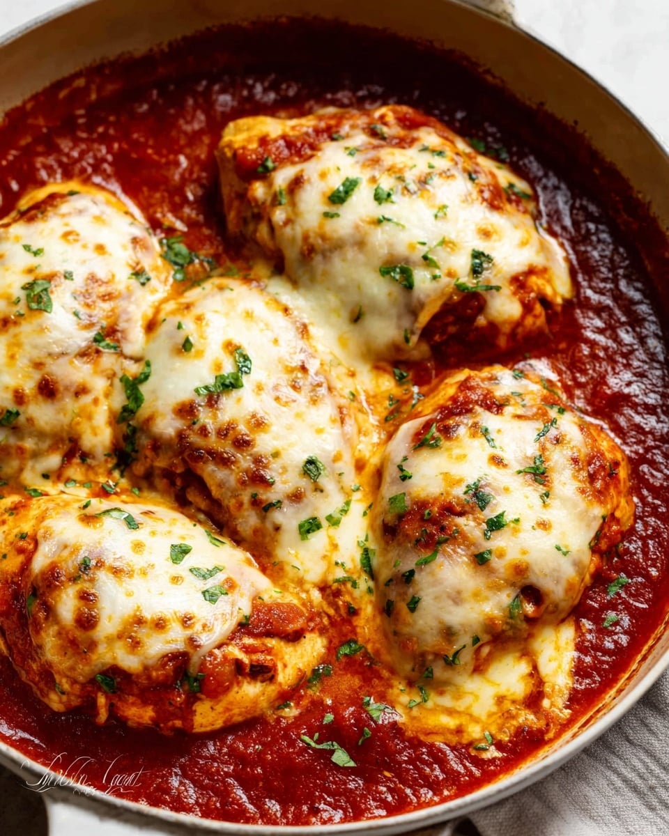 The image shows a white pan filled with four pieces of chicken, each covered in melted, golden-brown cheese with small green herbs sprinkled on top. Beneath the cheese, the chicken sits in a thick, rich-looking red tomato sauce with smooth texture. The sauce fills the pan, surrounding the chicken pieces which are arranged close to each other. The overall look is warm and appetizing with the cheese bubbling slightly at the edges. Photo taken with an iphone --ar 4:5 --v 7