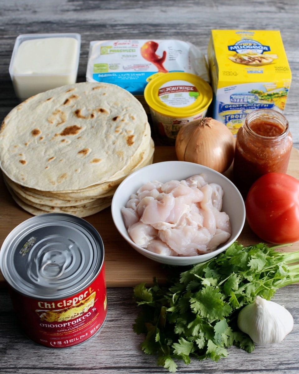 The image shows a group of cooking ingredients arranged on a wooden surface with a white marbled texture. On the left, there is a stack of light beige tortillas with soft, slightly browned spots on top. Below the tortillas is a block of white mozzarella cheese in packaging. In the center, there is a small stack of raw pale pink chicken pieces inside a white bowl. In front of the bowl, there is a red can labeled with chipotle peppers in adobo sauce. Behind the bowl, there is a yellow container of sour cream and a can of tomato paste. To the right, there is a white onion with a light brown top next to a peeled garlic bulb. A red tomato sits next to a bunch of fresh green cilantro leaves on the right side. In the back right corner, there is a yellow soup carton showing a light vegetable soup image. Photo taken with an iphone --ar 4:5 --v 7