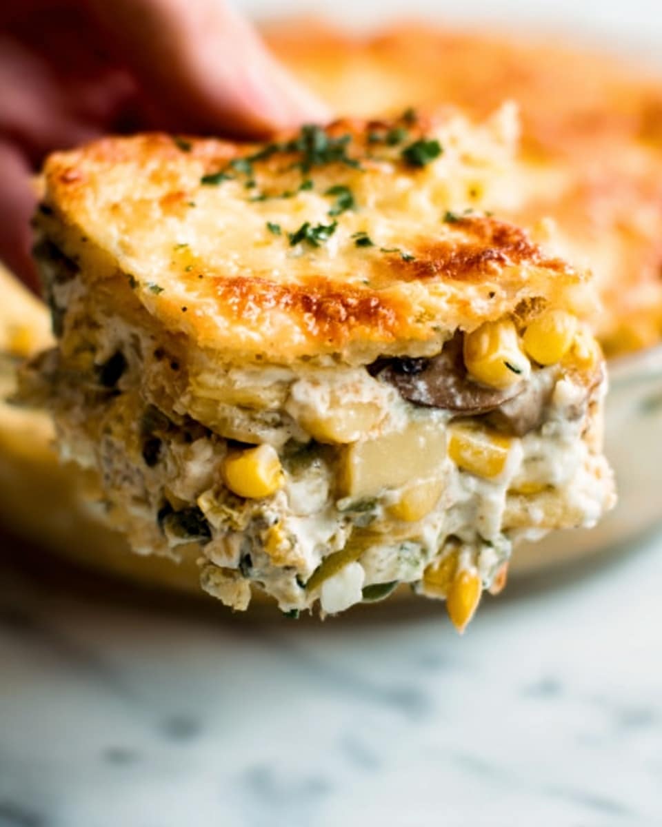 The image shows a close-up of a layered dish with a slice being lifted by a woman's hand. The top layer is golden brown with melted, slightly textured cheese. Below it, there is a creamy white sauce mixed with small pieces of yellow corn and green herbs. The layers underneath appear soft with a mix of white sauce and some chunks that look like vegetables or mushrooms. The dish is held over a white marbled surface. photo taken with an iphone --ar 4:5 --v 7