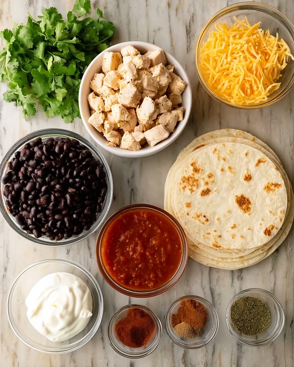 The image shows six containers arranged above a white marbled surface. On the left, a white bowl is filled with light, chunky pieces of cooked chicken, topped with some fresh green cilantro above it. Below this is a clear bowl holding shiny, black beans, and under that is another clear bowl full of shredded yellow cheese. To the right of the beans and chicken is a stack of soft, white tortillas with light brown spots. Below the tortillas are two small clear bowls – one holding a thick, bright red sauce resembling salsa and the other filled with white sour cream. Between the sauce and beans is a small white bowl with three different spices: brown, red, and greenish powders separated cleanly in the bowl. The layout is neat and colorful, with a clean, fresh look. photo taken with an iphone --ar 4:5 --v 7