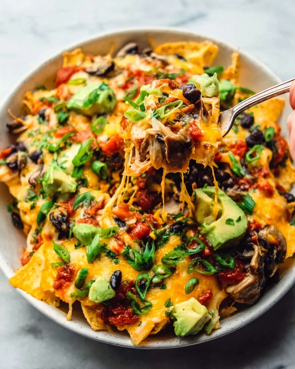 The image shows a white bowl filled with layered nachos topped with melted yellow and orange cheese, black beans, green chopped scallions, red salsa, and small chunks of avocado. The nachos are visible as light yellow, crispy triangular chips underneath the toppings. A woman's hand holding a fork lifts a cheesy bite with pieces of mushrooms, melted cheese, and a few avocado pieces. The white marbled surface is visible in the background. The lighting highlights the melted cheese and fresh ingredients, making the dish look warm and fresh. photo taken with an iphone --ar 4:5 --v 7